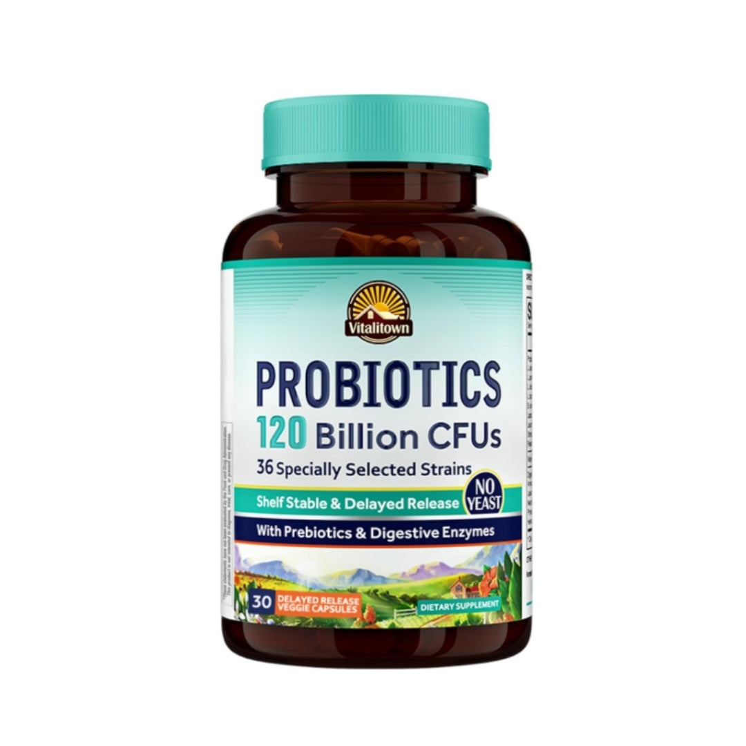 Vitalitown Probiotics 120B CFUs | 36 Strains with Prebiotics & Enzymes | 30 Veg Caps